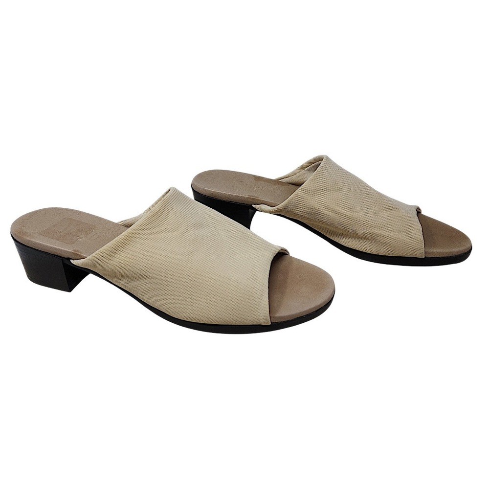 Munro Slide Sandals‎ 8.5 M Wom Beige Mesh Open Toe Block Heel Mule Shoes Minimal